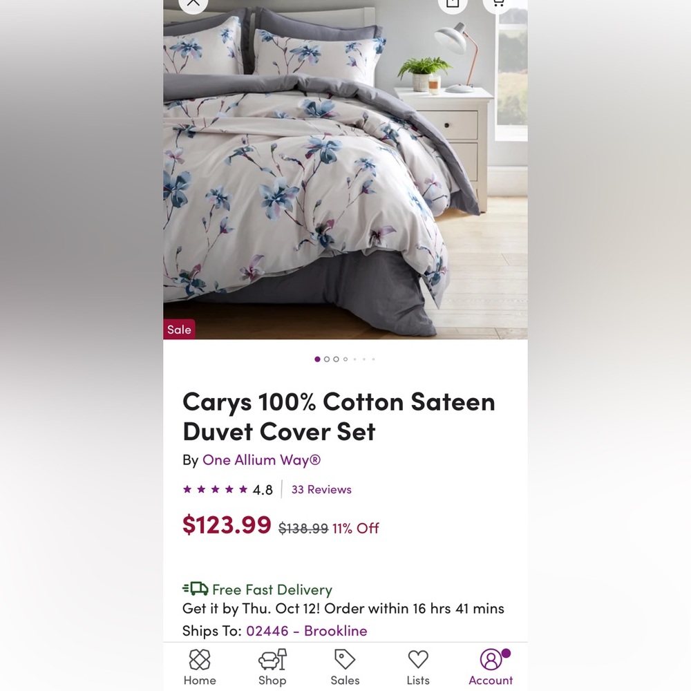 Beautiful floral cotton sateen duvet cover from Wayfair